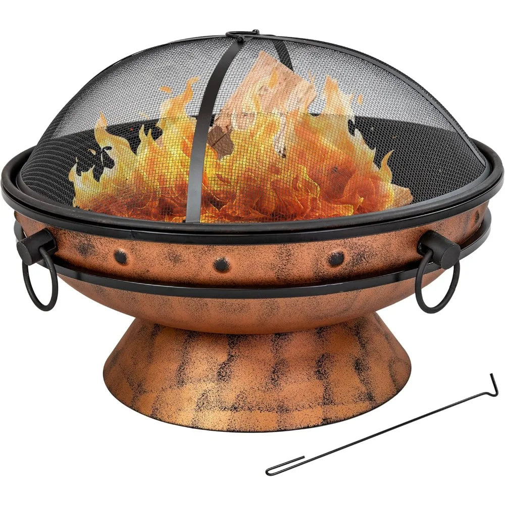 Sunnydaze 30-Inch Large Outdoor Fire Pit - Wood Burning Fire Pit for Outside with Poker and Screen - Copper Finish - Royal Cauld