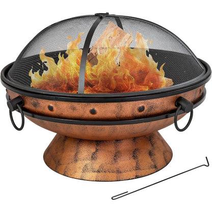Sunnydaze 30-Inch Large Outdoor Fire Pit - Wood Burning Fire Pit for Outside with Poker and Screen - Copper Finish - Royal Cauld