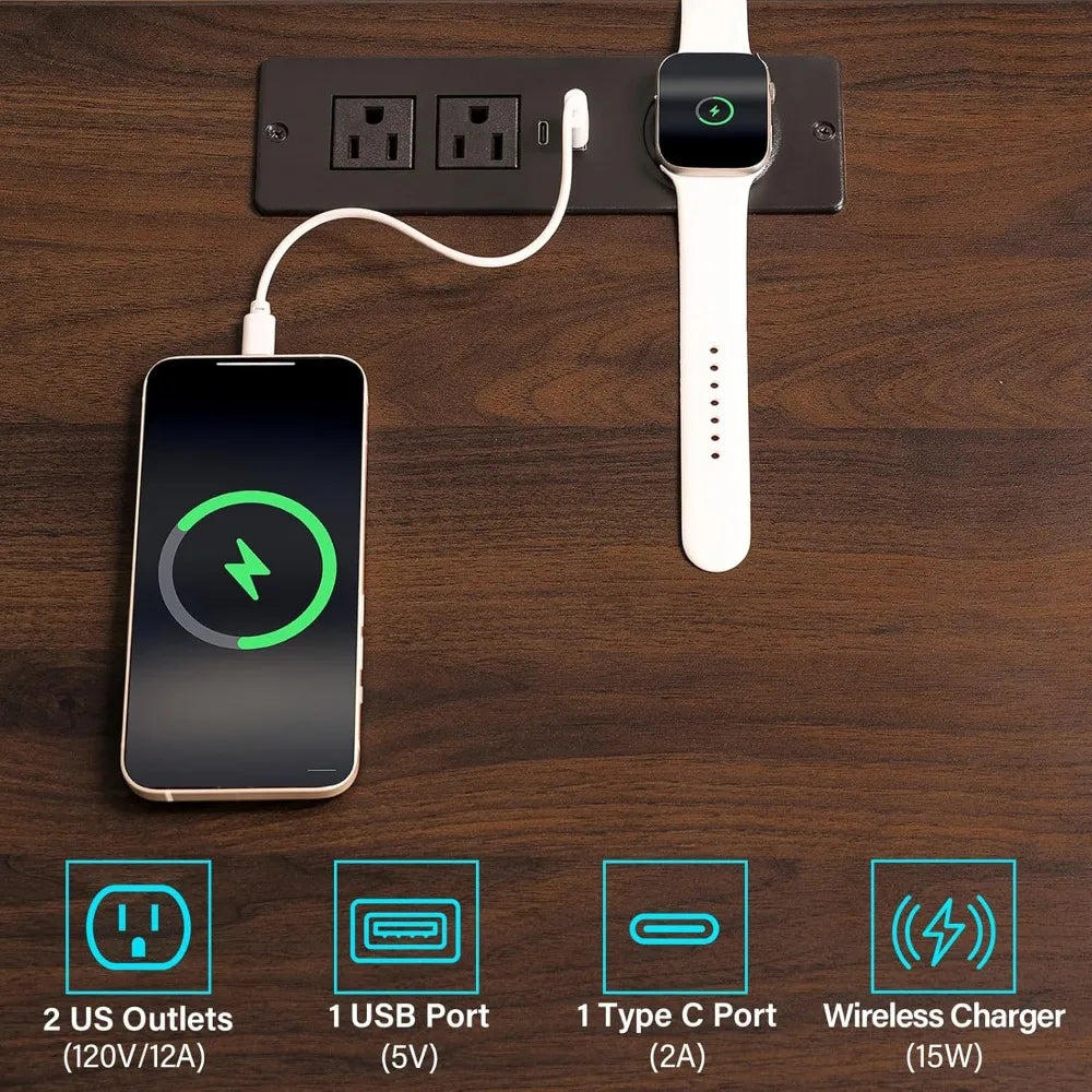 Rustic Brown Nightstand w/ Wireless Charging Station Walnut Wood 3 Drawers