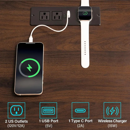 Rustic Brown Nightstand w/ Wireless Charging Station Walnut Wood 3 Drawers