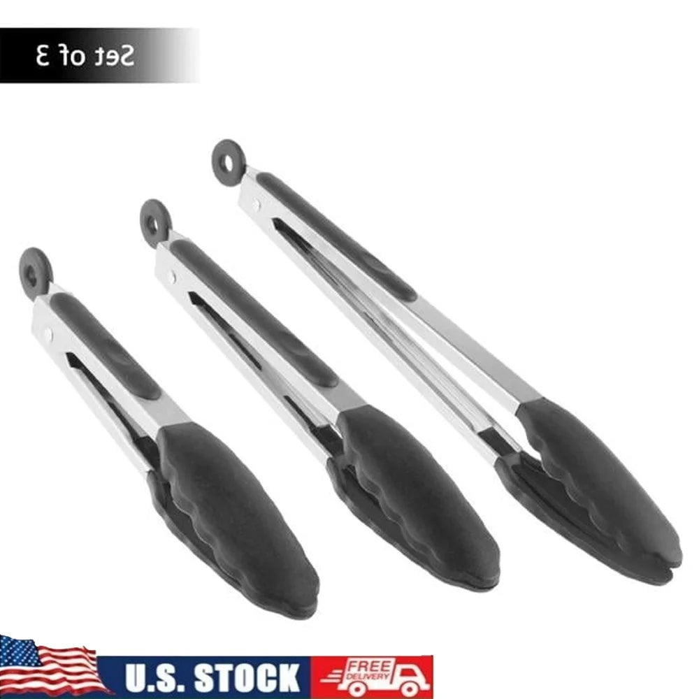 3 Piece Stainless Steel Kitchen Tongs Nonstick Grip Cooking Grilling Serving and Baking