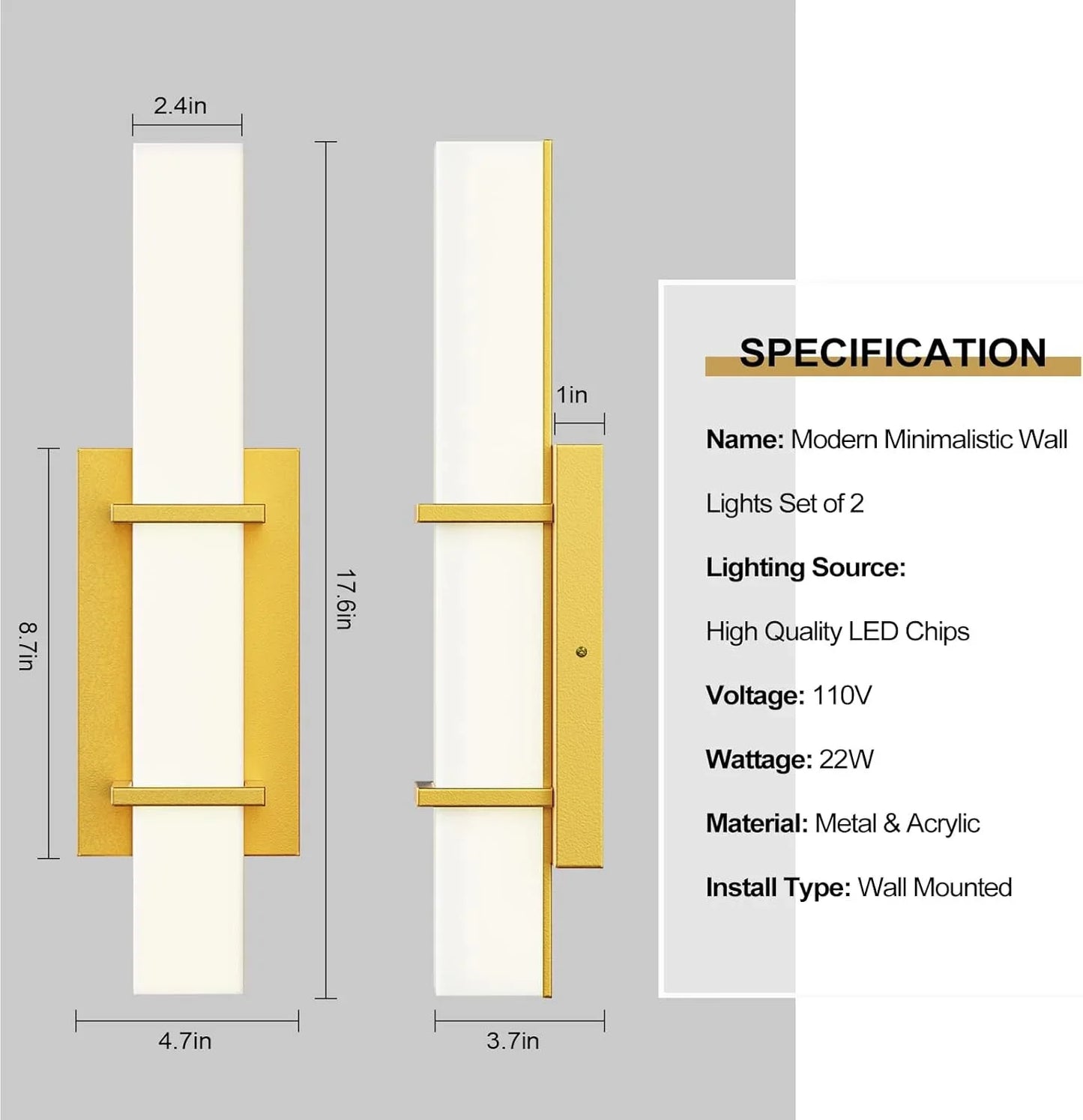 Modern LED Wall Sconce Light, 2-Pack Dimmable Up/Down Gold Vanity Light Fixture,