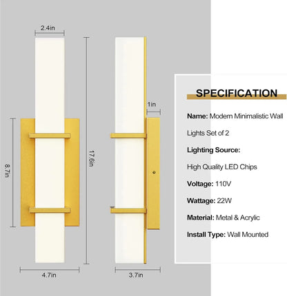 Modern LED Wall Sconce Light, 2-Pack Dimmable Up/Down Gold Vanity Light Fixture,