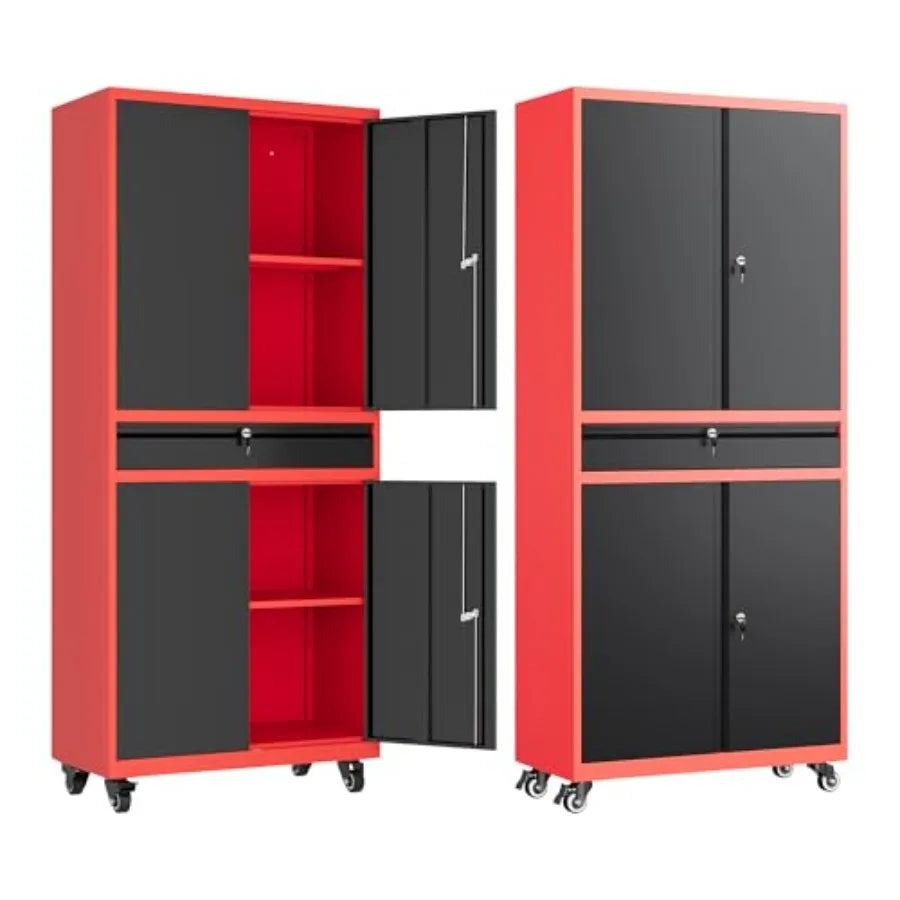 Red Metal Garage Storage Cabinet with Wheels