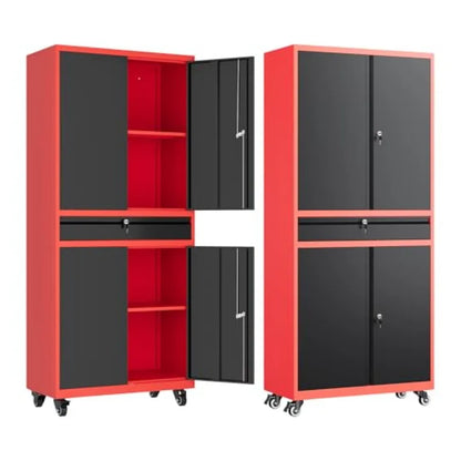 Red Metal Garage Storage Cabinet with Wheels