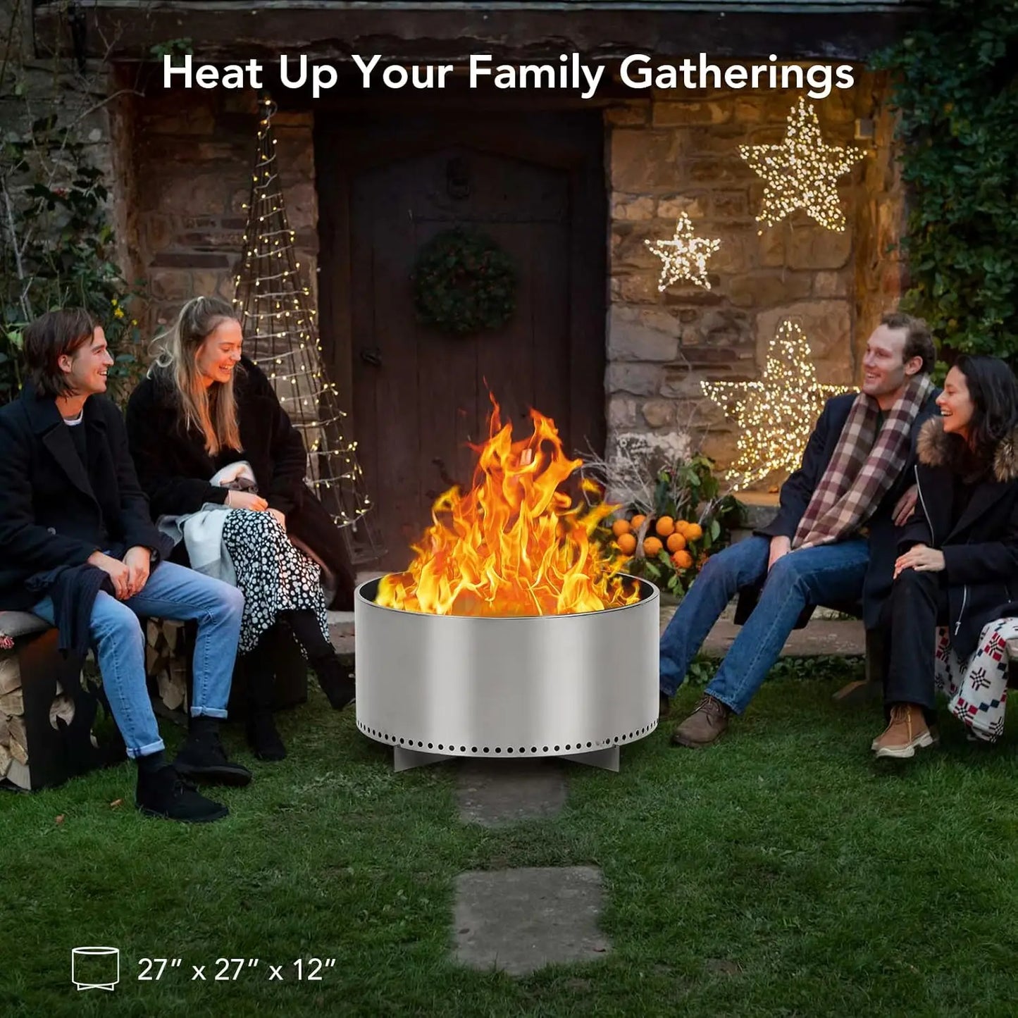 27" Smokeless Fire Pit W/ Air Switch, Wood Burning Portable Stainless Steel Outdoor Firepit