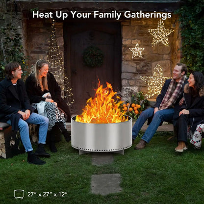 27" Smokeless Fire Pit W/ Air Switch, Wood Burning Portable Stainless Steel Outdoor Firepit