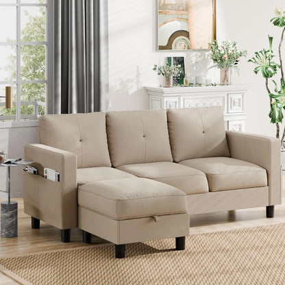 L-Shaped Couch 3 Seat Sofa Set W/ Linen Fabric & Ottoman Small Couch