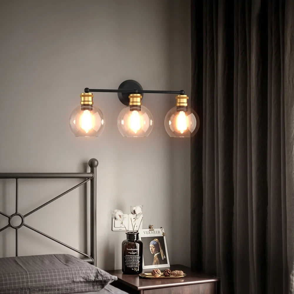 3-light Vanity Bathroom Light w/ 7" Round Clear Glass Shade Vintage Wall Sconce