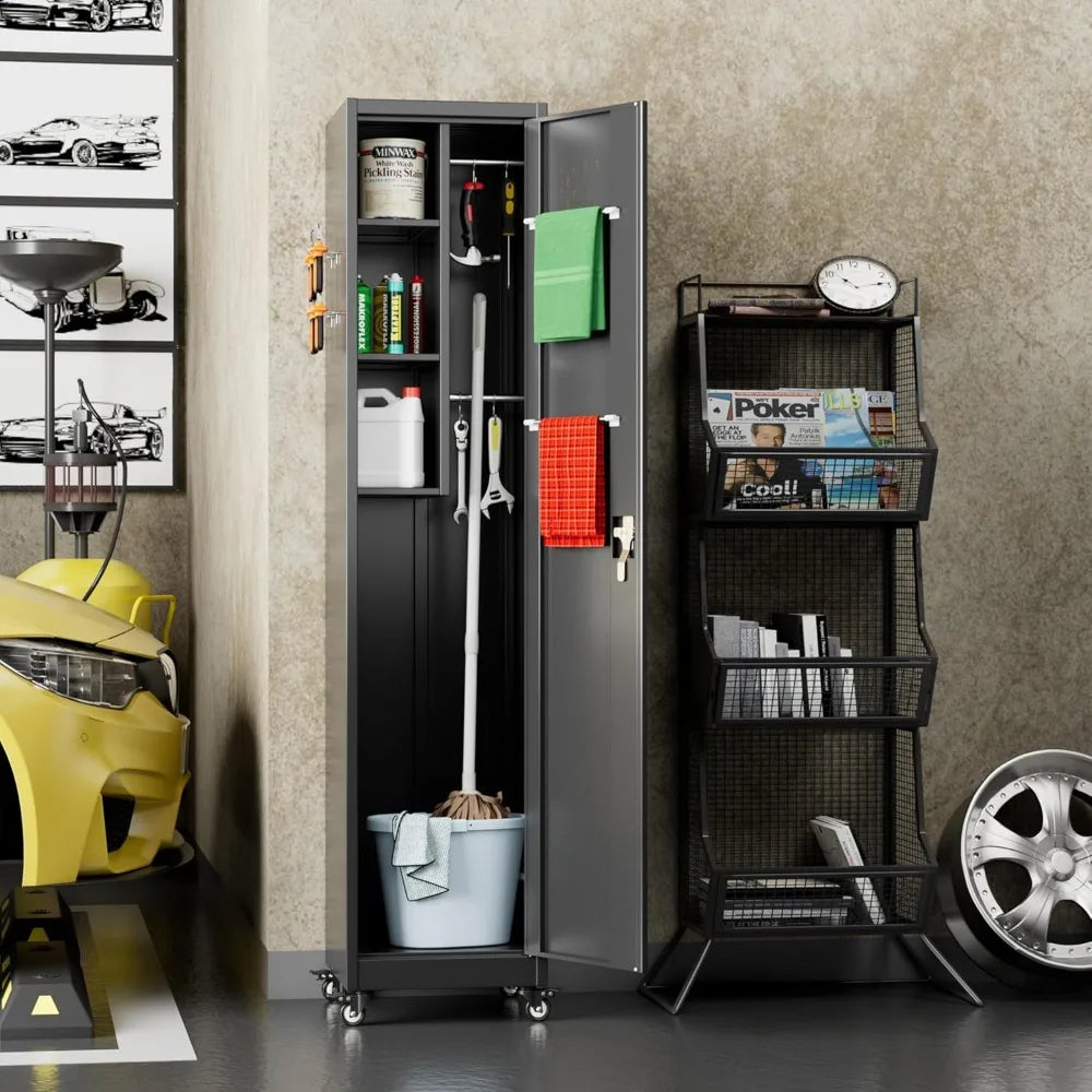 72'' Metal Broom Closet Storage Cabinet w/ Wheels & Pegboards