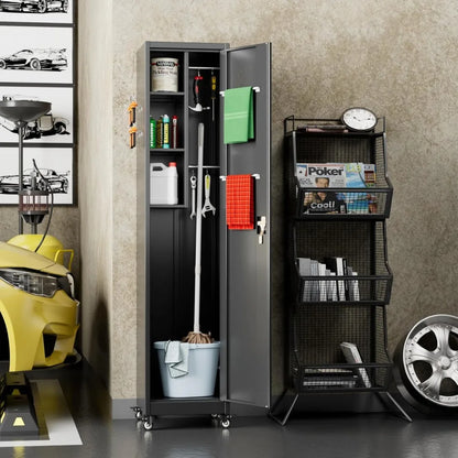 72'' Metal Broom Closet Storage Cabinet w/ Wheels & Pegboards