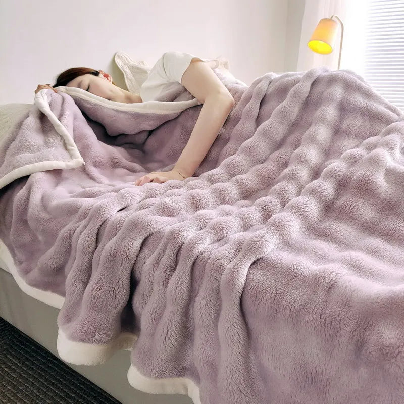 Solid Color Flannel Rabbit Fur Blanket Nap Cover Coral Fleece