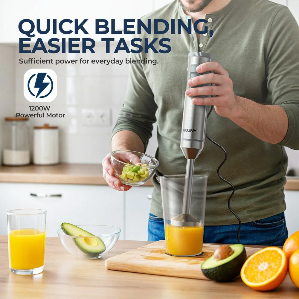 ROUNY 4-in-1 Hand Immersion Blender 1000W Powerful, Stainless Steel Stick Food Mixer