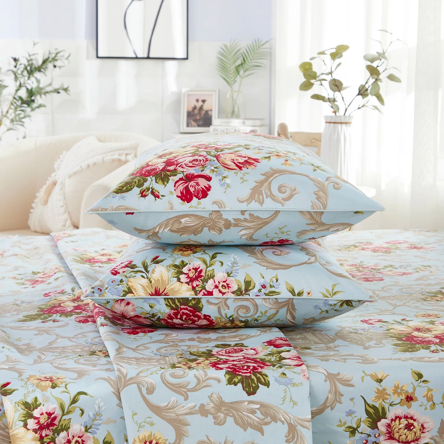 4pcs 600 TC 100% Cotton Fitted Sheet Set Soft Breathable and Skin-friendly