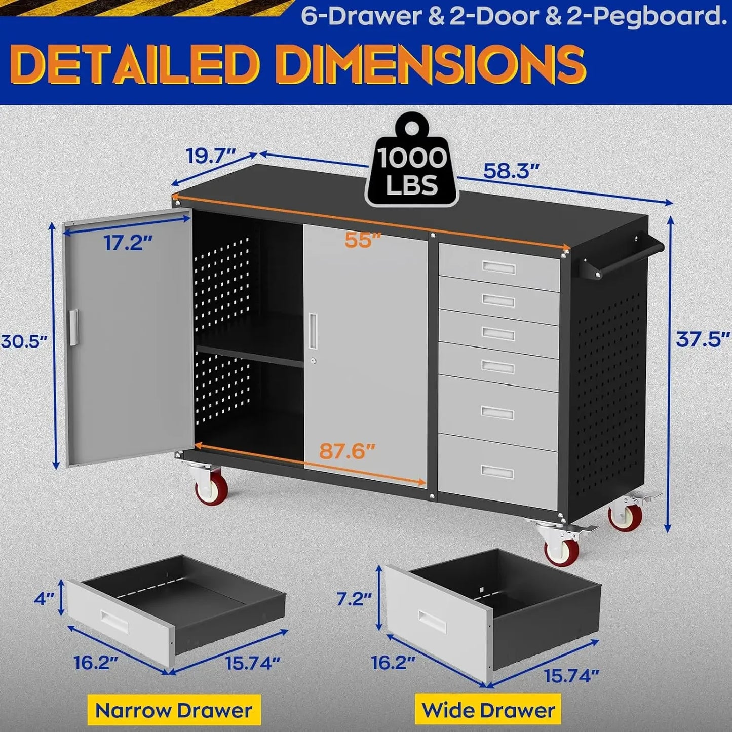 55" W Rolling Workbench with 6 Drawers and Storage Cabinet,1000 LB Capacity