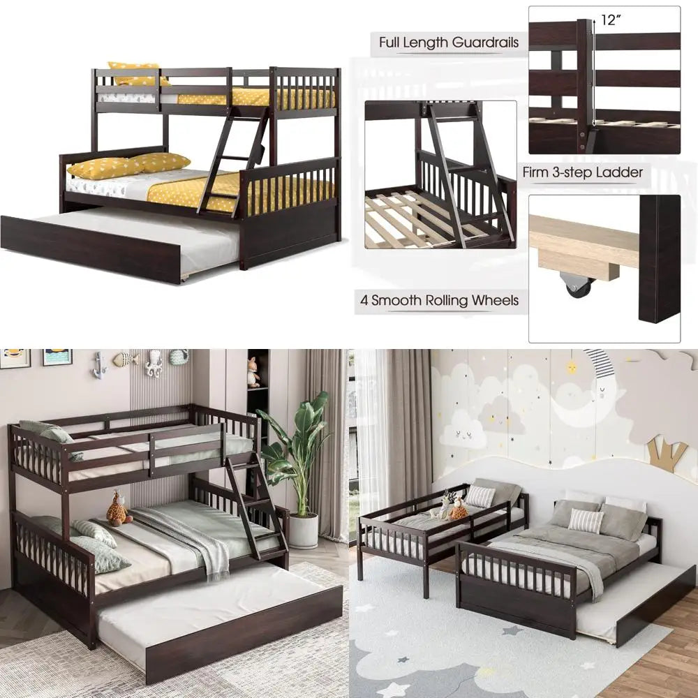 Twin over full bunk bed W / trundle, solid pine wood frame, space-saving design with ladder and safety rails