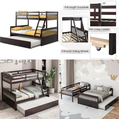 Twin over full bunk bed W / trundle, solid pine wood frame, space-saving design with ladder and safety rails