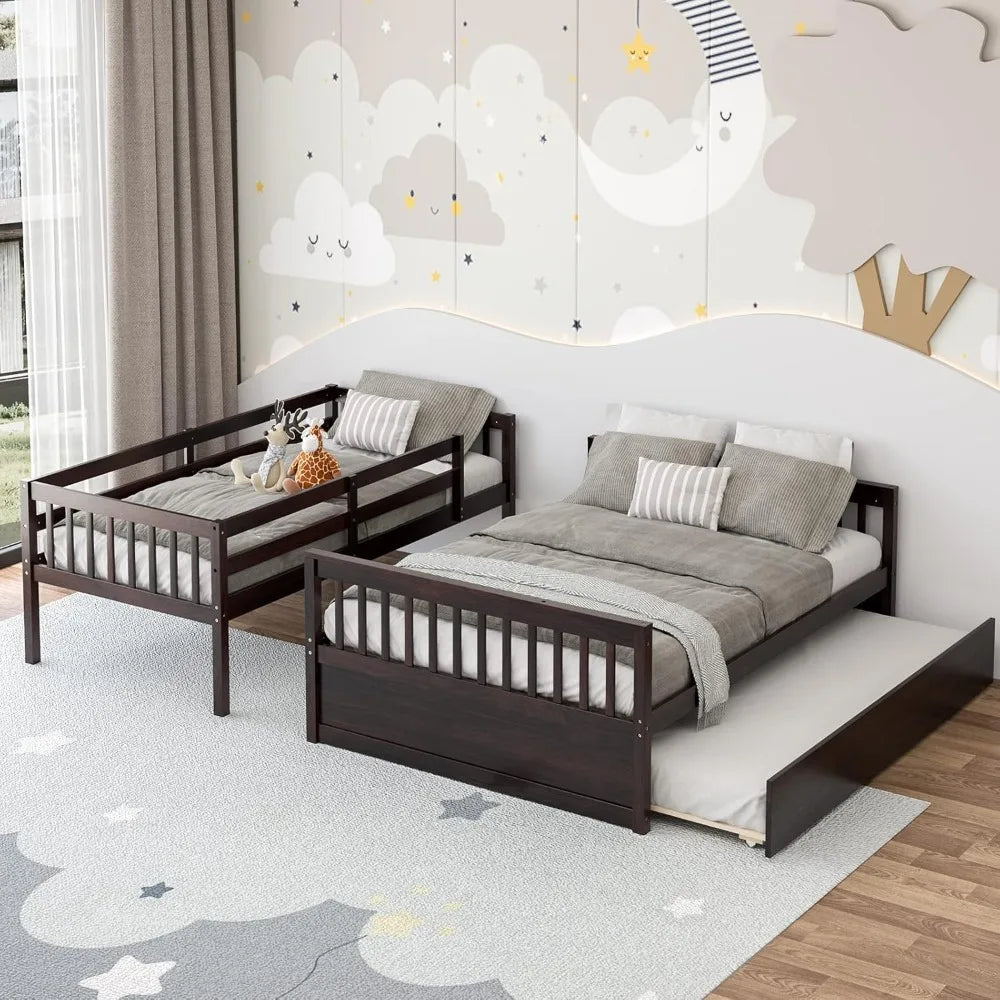 Twin over full bunk bed W / trundle, solid pine wood frame, space-saving design with ladder and safety rails
