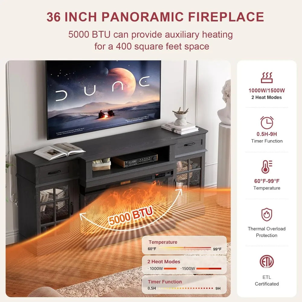 Oenomel 70 Fireplace TV Stand with 3-Sided Glass Fireplace, Modern Wood Entertainment Center with LED Lights and Glass Door, 36
