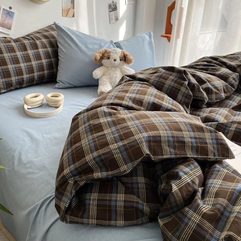 Bedding Set Ambiance Blue Coffee Grid Mixed W / Washed Cotton Fitted Sheets Duvet Cover