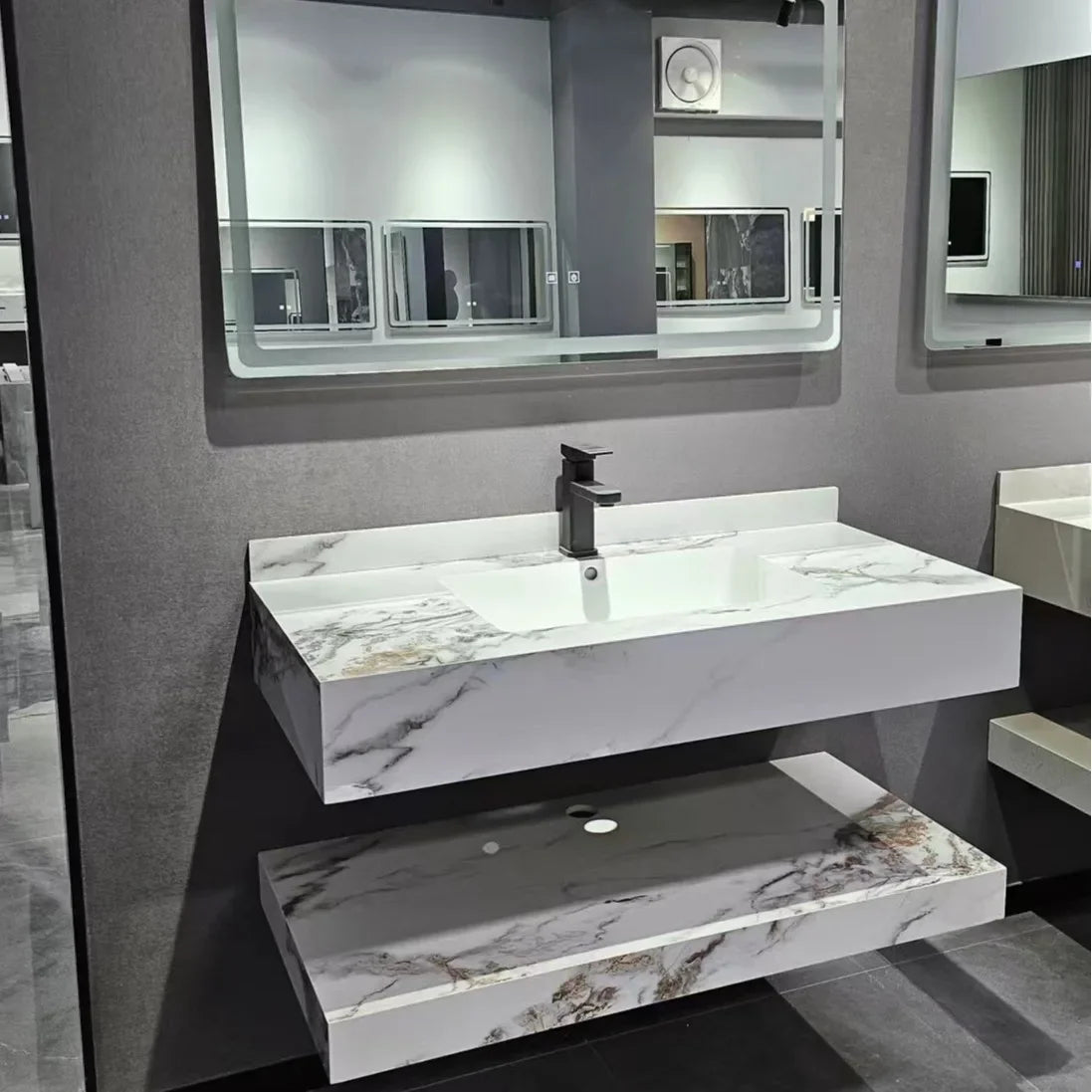 Bathroom Cabinet Vanity Double-layered Slab Rock W/ Ceramic Washbasin