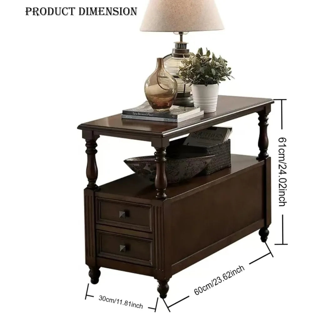 "Solid Wood End Table - 2 Drawers, Vintage Design