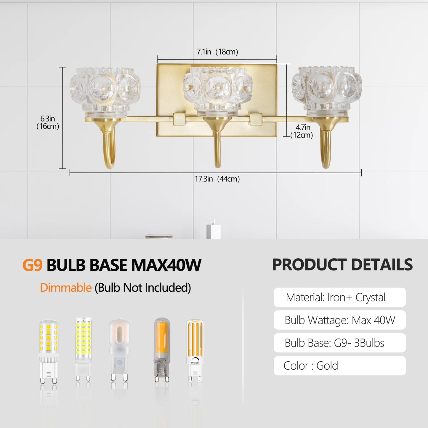 3-Light Crystal Bathroom Golden Wall Sconce with Clear Glass Shade