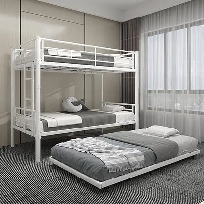 Heavy-Duty Twin Over Twin Bunk Bed with Trundle and Side Ladder, Convertible Bunkbed with Safety Rails for Secure Sleep