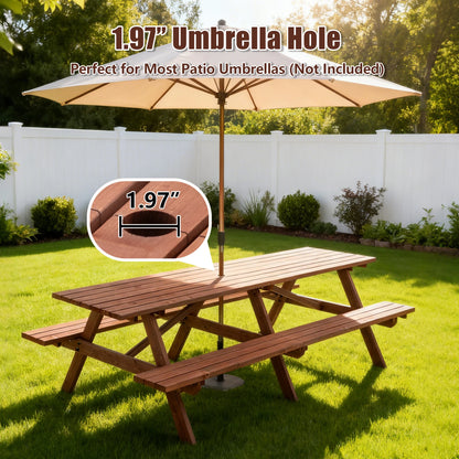 Large 12-Person Wooden Picnic Table Outdoor, Weatherproof w/ Umbrella Hole, Ideal for BBQ & Gatherings