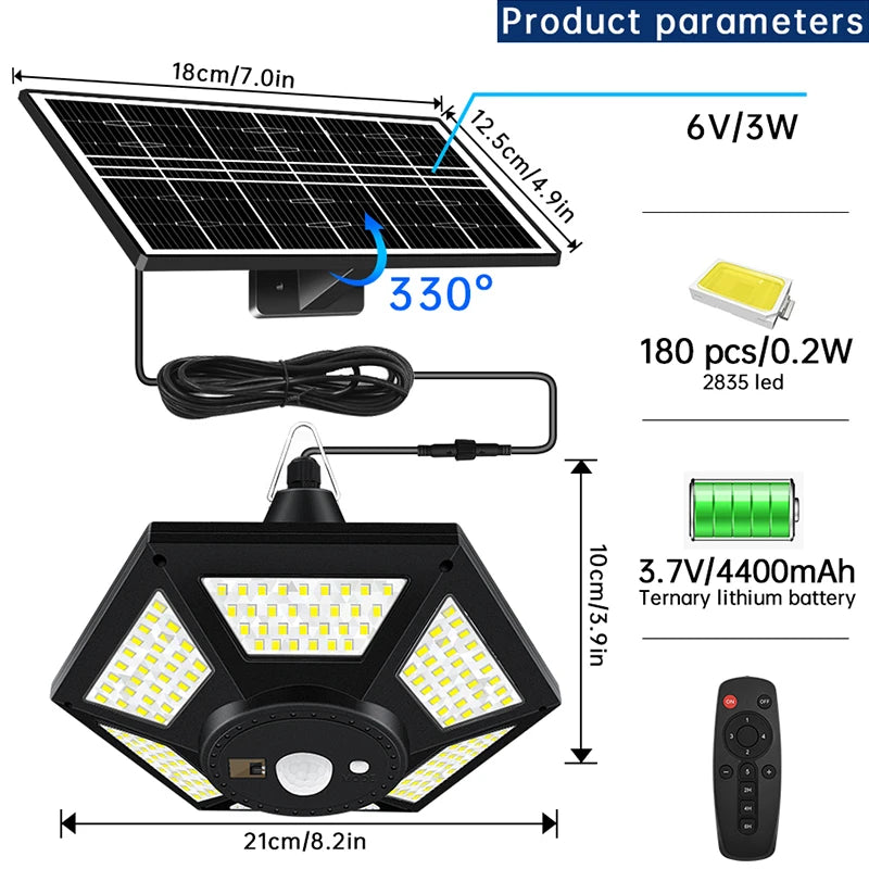 Solar Pendant Lights Outdoor Indoor / Remote Motion Sensor 5 Lighting Modes for Garage Patio Barn