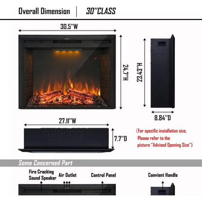 30 Inch Electric Fireplace Insert with Retro Recessed Design, Heater with Fire Cracking Sound, Remote Control and Timer, 750W/15