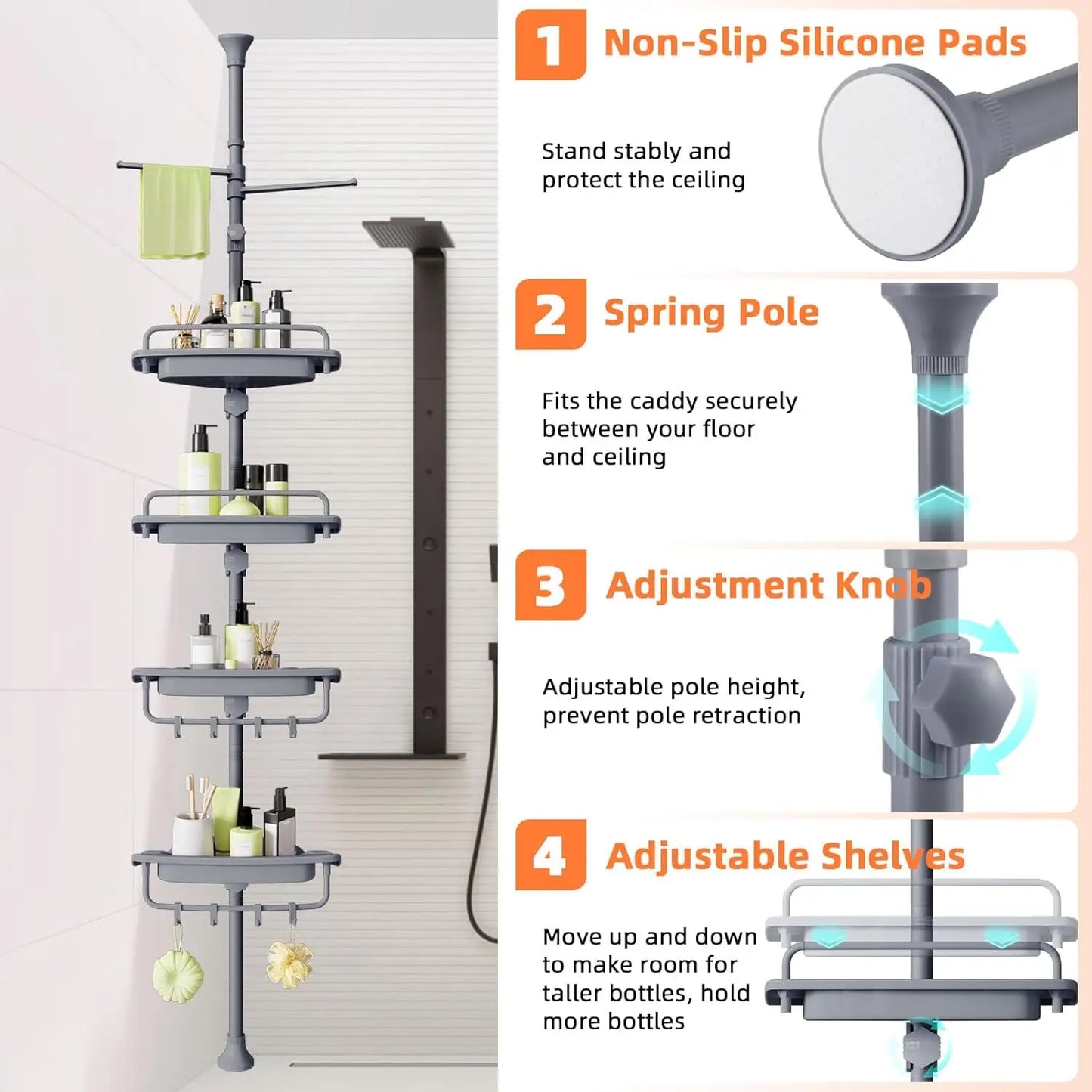 32-122inch Corner Shower Caddy Tension Pole Grey, Rustproof Drill-Free