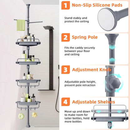 32-122inch Corner Shower Caddy Tension Pole Grey, Rustproof Drill-Free