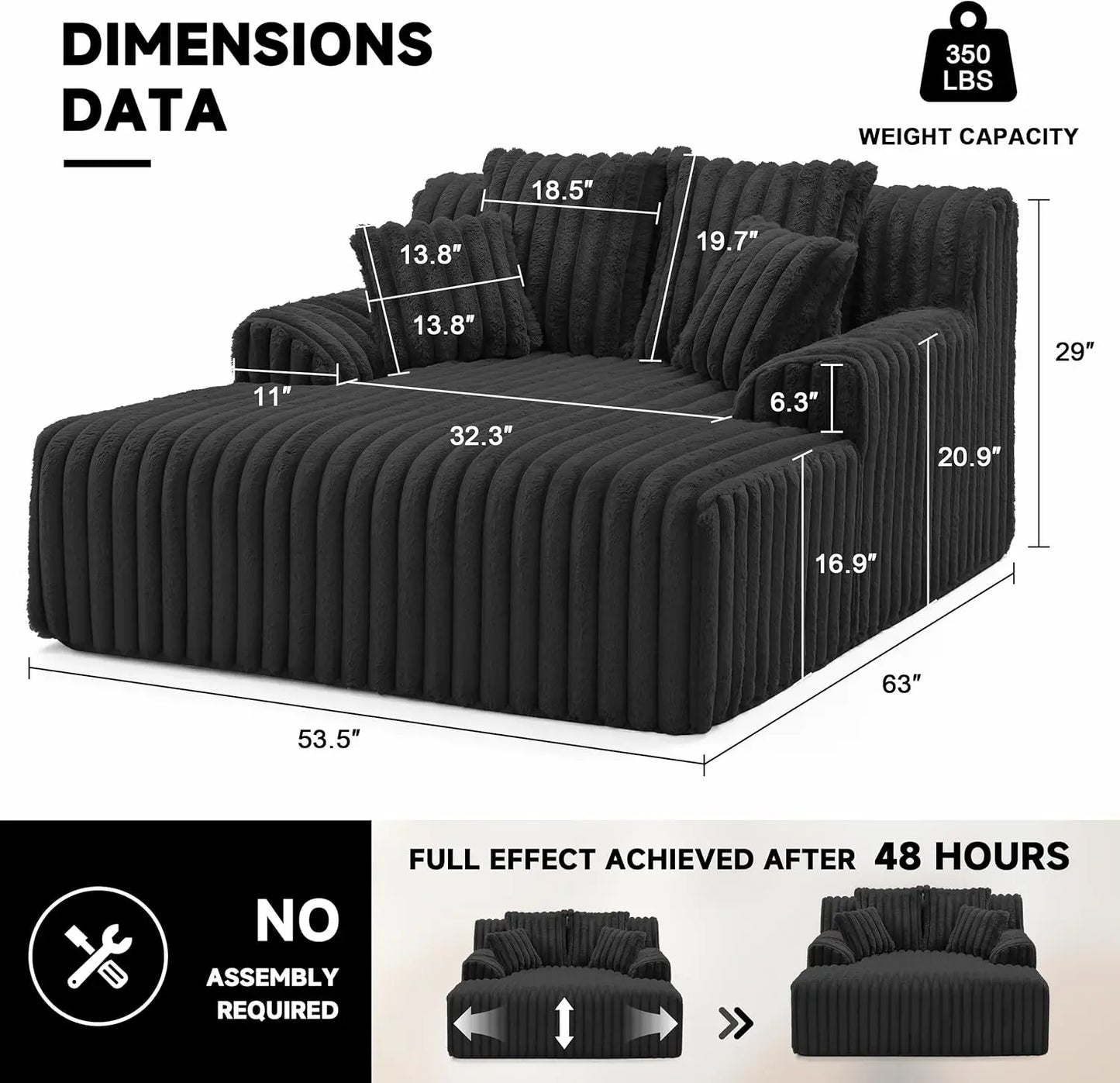 53.5” W Oversized Chaise Lounge Chair Indoor, Boneless Couch with 4 Pillows