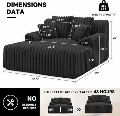 53.5” W Oversized Chaise Lounge Chair Indoor, Boneless Couch with 4 Pillows