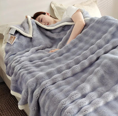 Solid Color Flannel Rabbit Fur Blanket Nap Cover Coral Fleece