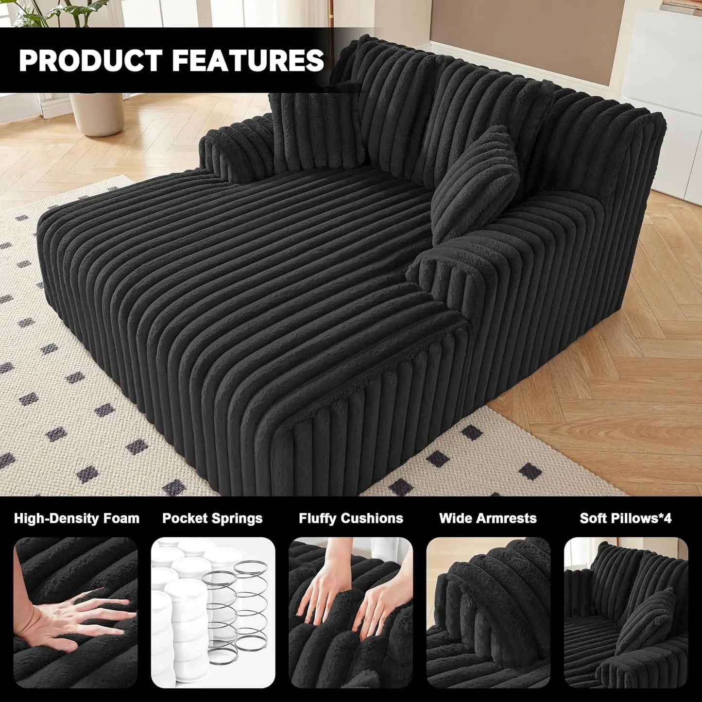 53.5” W Oversized Chaise Lounge Chair Indoor, Boneless Couch with 4 Pillows