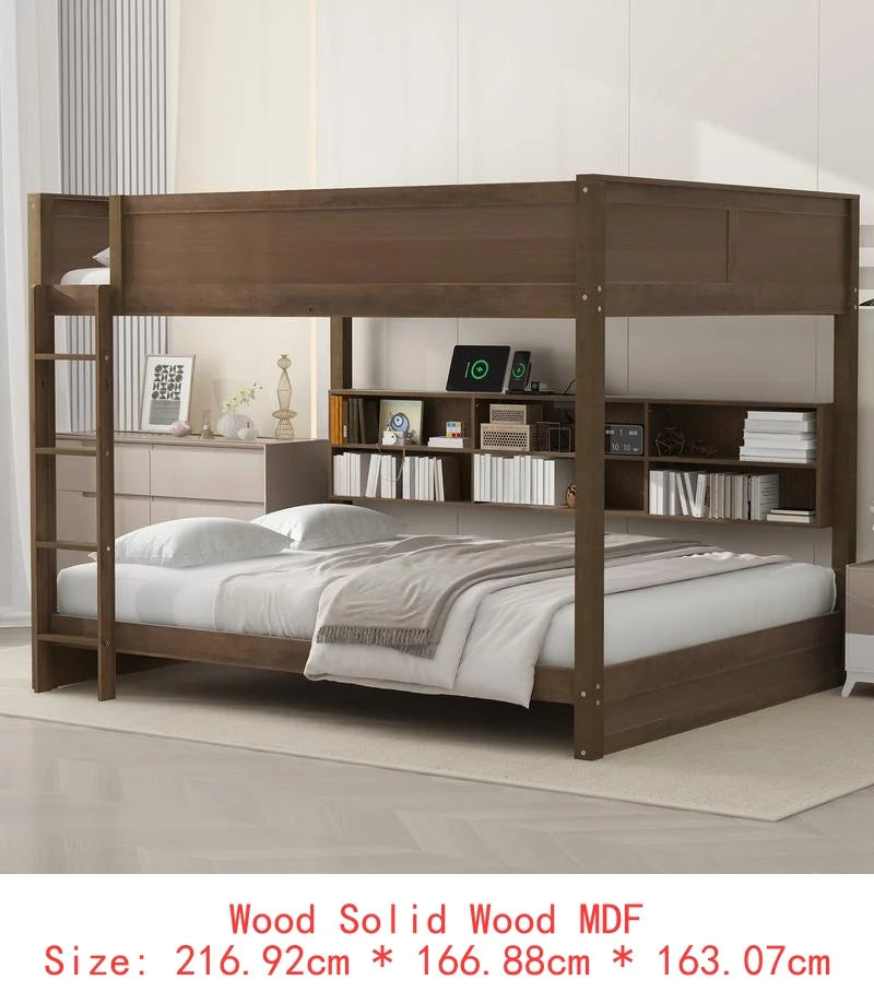 Queen Over Queen Bunk Bed with Storage, USB Ports, Antique Finish