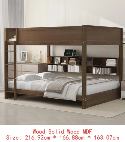 Queen Over Queen Bunk Bed with Storage, USB Ports, Antique Finish