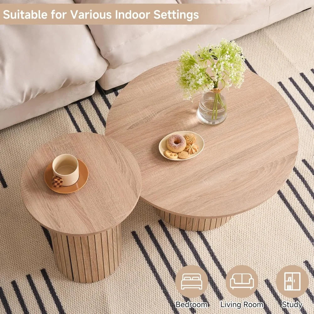 Round Nesting Coffee Tables Set of 2, Wood Slat Side Table