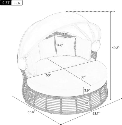 Outdoor Patio Rattan Round Daybed with Retractable Canopy Wicker Furniture