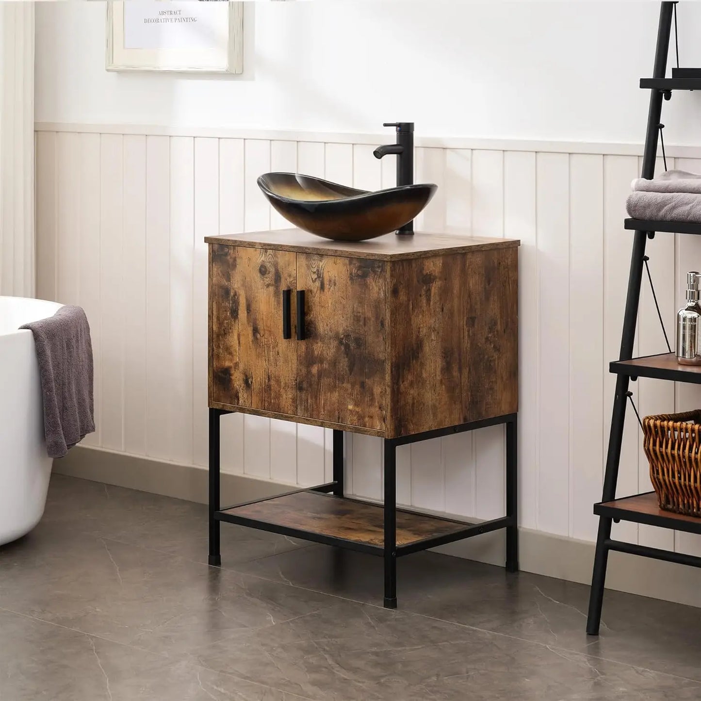 Rustic Brown 24" Bathroom Vanity & Cabinet Set w/ Shelf & Vessel Sink