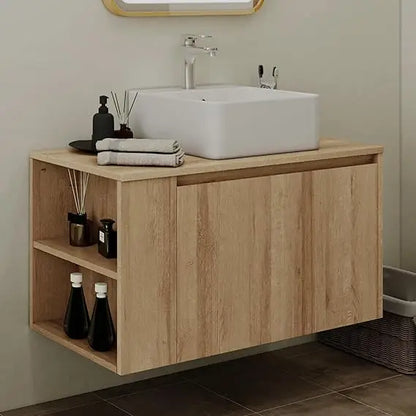 36-inch Wall-Mounted Natural Tone Bathroom Vanity with Concealed Drawer and Sink