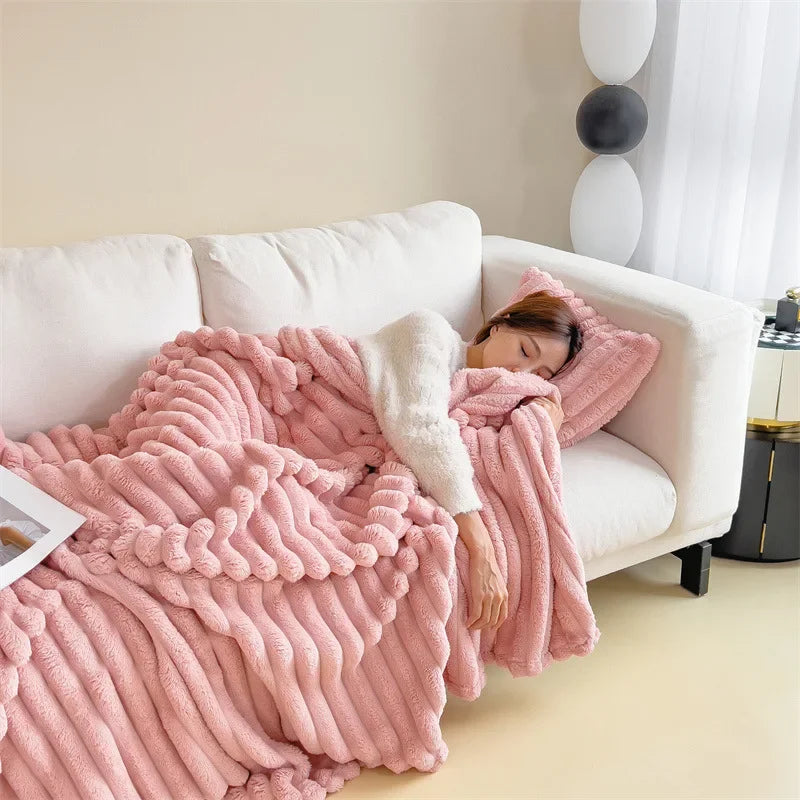 New Imitation Rabbit Plush Warm Blanket Set