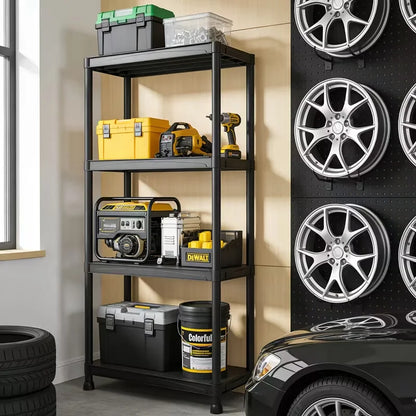 5-Layer Black Plastic Storage Rack Heavy Duty Adjustable Shelving