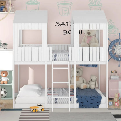 Harper & Bright Designs Full Over Full House Bunk Bed with Roof, Wood Floor Bunk Bed Frame with Window, Guardrail, Ladder for Kids