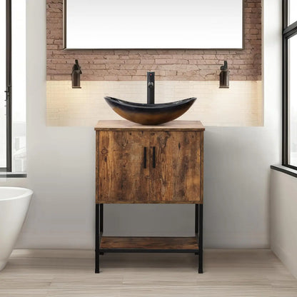 Rustic Brown 24" Bathroom Vanity & Cabinet Set w/ Shelf & Vessel Sink