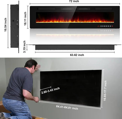 72” Recessed and Wall Mounted Fire Places Electric Fireplace with Remote Control, Toucn Screen