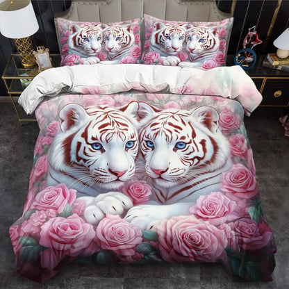 3pcs Fashion Bedding Set Tiger Pink Rose Digital Print Comfortable Breathable