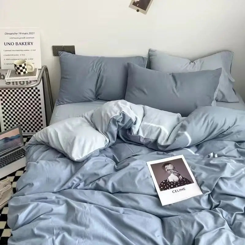 Bedding Set Ambiance Blue Coffee Grid Mixed W / Washed Cotton Fitted Sheets Duvet Cover